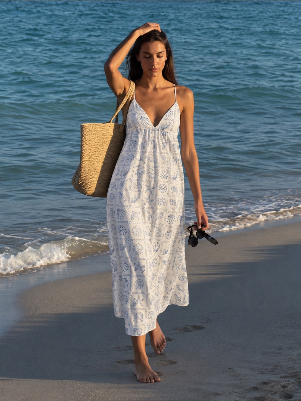 H&M White Blue Seashell Print Halter Midi Dress Coastal Beach Cottagecore